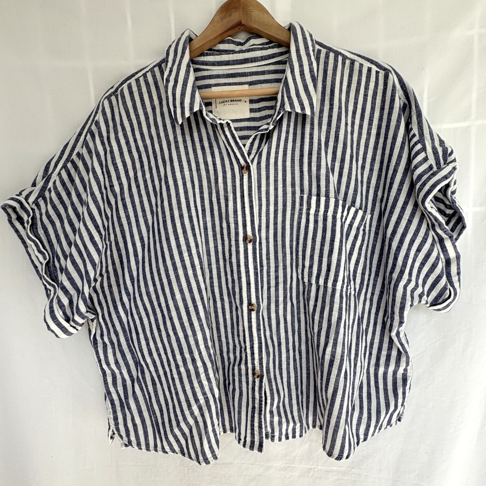 Lucky Brand Short sleeve cropped linen blend button down shirt white blue XL